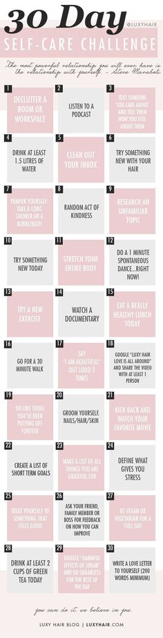 A fun 30 Day Self Care Challenge! | Luxy Hair Blog 30 Day Self Care Challenge, 30 Day Self Care, Quotes Meditation, Self Care Challenge, Eating Challenge, Challenge Quotes, Luxy Hair, Women Ideas, Fitness Instructor