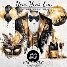 new year's eve party flyer with mask, champagne bottle and masks on it