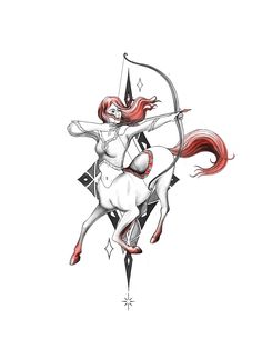 a drawing of a woman riding on the back of a white horse with a bow and arrow