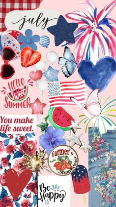 a collage of different items and words on a pink background with stars, hearts, flowers, and fireworks