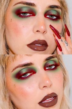 Red Green Eyeshadow, House Party Makeup Ideas, Bold Eye Shadow, Green Red Eyeshadow, Funky Make Up Looks, Green And Red Eye Makeup, Bold Red Makeup Looks, Red Green Eye Makeup, Y2k Punk Makeup