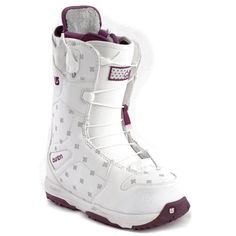 the snowboard boots are white and purple