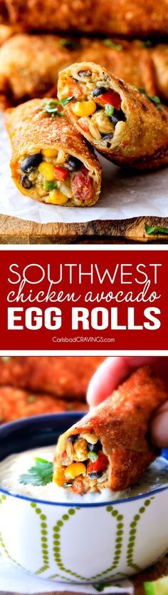 an egg roll is cut in half and placed on a plate with the words southwest breakfast egg rolls