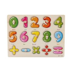 a wooden puzzle with numbers and shapes