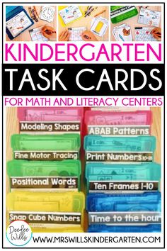 several different colored plastic containers with the words, kindergarten task cards for math and library centers