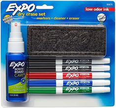 expo dry erase set with marker pens and eraser in plastic package, assorted colors