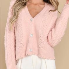 This Cardigan Features A V-Neckline When Buttoned, A Cable Knit Design, Rhinestone Encrusted Button Closure, And Ribbed Cuffs. 73% Acrylic, 15% Nylon, 10% Wool, 2% Span Hand Wash Cold Unlined Imported Elegant Pink V-neck Sweater, Elegant Pink Cardigan With Button Closure, Feminine V-neck Cardigan, Brandy Sweater, Green Sweater Cardigan, Free People Cardigan, Cozy Fall Outfits, Boho Cardigan, Fuzzy Cardigan