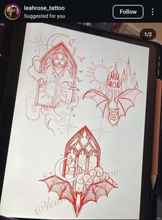 an image of tattoo designs on a cell phone with the screen showing it's red ink