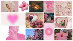 a collage with pink flowers and hearts