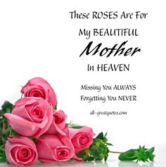 some pink roses on a white background with the words, these roses are for my beautiful mother in heaven