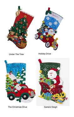 four christmas stockings with different designs on them