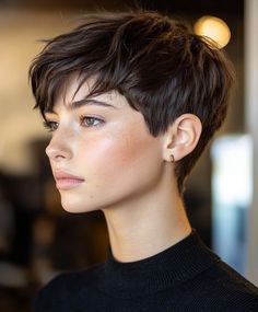 A sleek version of the textured crop pixie offers a polished and sophisticated appearance. Pixie Hair Makeup, Types Of Pixie Haircut, Short Wedge Hairstyles Pixie Cuts, Short Crop Hair Women, Low Maintenance Pixie, Asymmetric Pixie, Hair Pixie, Long Wavy Pixie Haircut, Women Very Short Hair