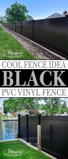 black privacy fence with the words cool fence idea black in front of it and an image of