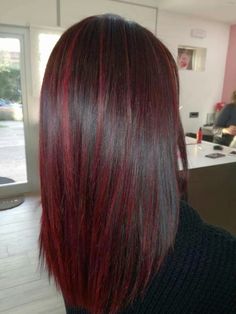 Red And Brown Hair Straight, Burgundy Balayage Straight Hair, Red Balayage Straight Hair, Red Hair Highlights On Black Hair, Pelo Color Vino, Red Balayage Hair, Cherry Red Hair, Wine Red Hair, Red Hair Inspo