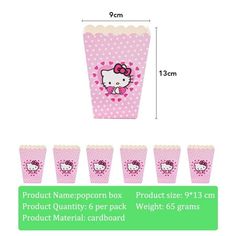 hello kitty cupcake box with pink polka dots on it and five cups in front