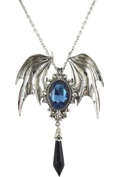 a necklace with a blue stone and silver wings