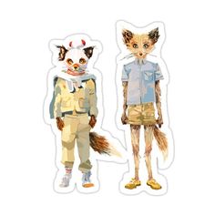 two stickers depicting cats wearing clothes and one with a fox on his head, standing next to each other