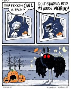 a comic strip with an image of a black bird looking out the window at halloween pumpkins