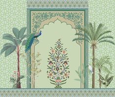 a wallpaper with an image of a peacock and palm trees in the middle, on a green background