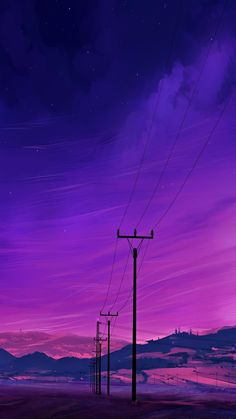 purple sky with telephone poles and mountains in the background