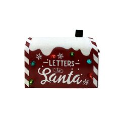 a red and white christmas mailbox with letters santa on it's front cover