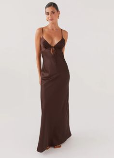 Flora Satin Maxi Dress - Chocolate – Peppermayo US Year 10 Formal, Brown Bridesmaid Dresses, Backless Dress Summer, Brown Dresses, Fashion Capsule Wardrobe, Evening Party Dresses, Casual Tie, Prom Inspo, Silk Dresses