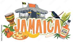 the word jamaica is surrounded by various items such as orange juice, coconuts and other things