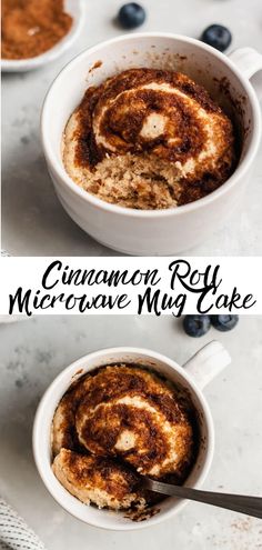 cinnamon roll microwave mug cake in a white bowl with blueberries and cinnamon on the side