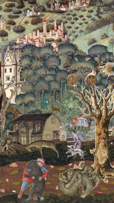 an artistic painting with animals and people in the foreground, surrounded by trees and buildings