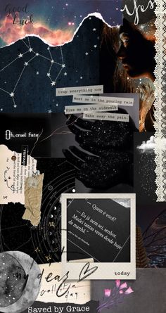 the collage is made up of many different images and texting styles, including stars