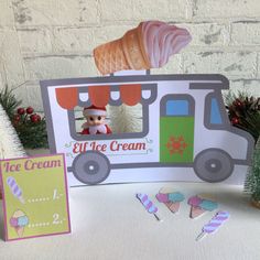 an ice cream truck is shown with decorations