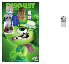 an advertisement featuring the character from inside out, with images of people in green clothing and hats