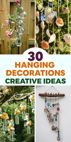 the cover of 30 hanging decorations and creative ideas, including wind chimes with flowers in them