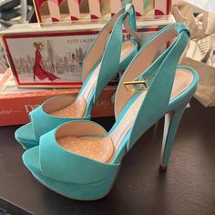 Never Worn Aldo Turquoise Blue Shoes. Size 6.5 Chic Turquoise Heels For Spring, Turquoise Round Toe Heels For Spring, Turquoise Pointed Toe Heels For Spring, Turquoise Open Toe Heels For Formal Occasions, Turquoise Heels For Party, Turquoise Open Toe Heels For Formal Events, Turquoise High Heels For Summer, Turquoise Ankle Strap Heels For Party, Turquoise High Heels For Party