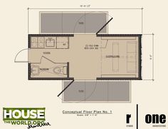 the floor plan for a tiny house with one bedroom and an attached kitchen, is shown