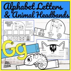 the alphabet letters and animal headbands are shown in this printable activity book