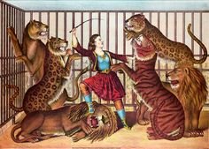 a woman surrounded by tigers and lions in a cage with her hand up to the side