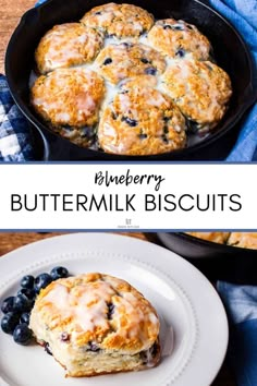 blueberry buttermilk biscuits in a cast iron skillet on a white plate