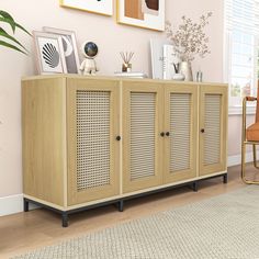 a wooden cabinet with wicker doors in a living room