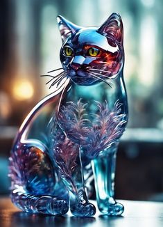 a glass cat sitting on top of a table