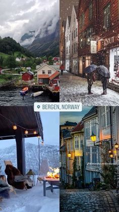 there are pictures of different buildings in the snow and one has an umbrella over its head