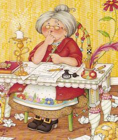 an older woman sitting at a table writing