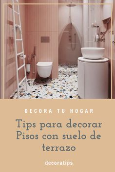 a bathroom with pink walls and flooring next to a white toilet under a ladder