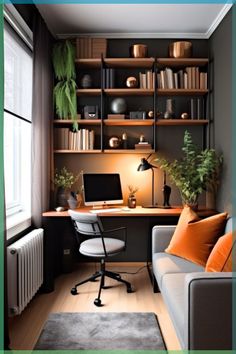 a home office with bookshelves and shelves full of books, plants and a computer