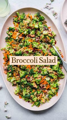 broccoli salad on a white plate with the words broccoli salad over it