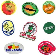 many different types of stickers are shown in this image, including oranges, bananas, and mangoes