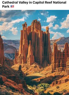 the cathedral valley in capitol reef national park, arizona is featured in this postcard