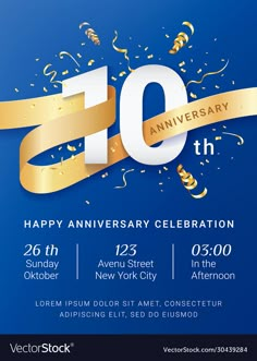 an anniversary celebration poster with gold ribbon and confetti on blue background for the 20th