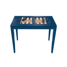 a blue table with two game pieces on it