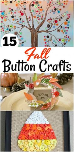 fall button crafts for kids to make with buttons and paper plates, including an autumn tree